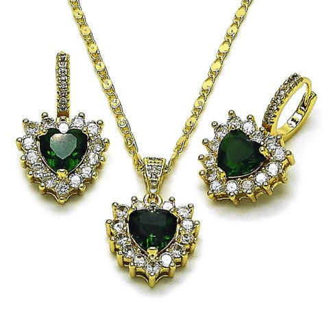 Juego de Arete y Dije de Adulto 10.196.0192 Oro Laminado, Diseño de Corazon y Cluster, Diseño de Corazon, con Zirconia Cubica Verde y Blanca, Pulido, Dorado