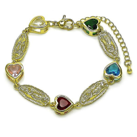 Pulsera Elegante 03.423.0001.3.07 Oro Laminado, Diseño de Guadalupe y Corazon, Diseño de Guadalupe, con Zirconia Cubica Multicolor, Pulido, Dorado