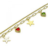 Pulsera de Dije 03.213.0214.07 Oro Laminado, Diseño de Estrella y Corazon, Diseño de Estrella, con Zirconia Cubica Multicolor, Pulido, Dorado