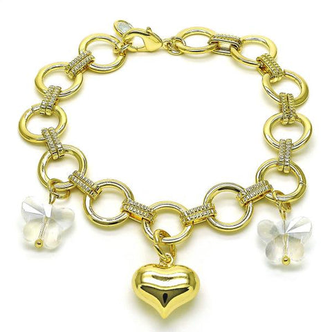 Pulsera de Dije 03.331.0309.09 Oro Laminado, Diseño de Corazon y Mariposa, Diseño de Corazon, con Cristal Aurore Boreale y Zirconia CubicaBlanca, Pulido, Dorado