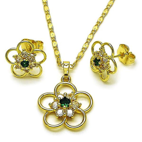 Juego de Arete y Dije de Adulto 10.196.0167 Oro Laminado, Diseño de Flor, con Zirconia Cubica Verde y Blanca, Pulido, Dorado