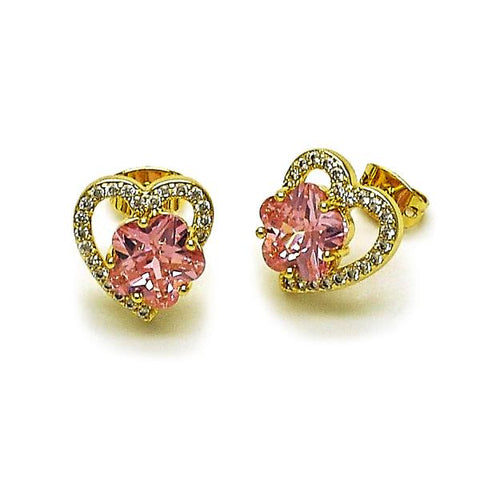 Arete Dormilona 02.213.0144.1 Oro Laminado, Diseño de Corazon y Flor, Diseño de Corazon, con Zirconia Cubica Rosado y Micro PaveBlanca, Pulido, Dorado