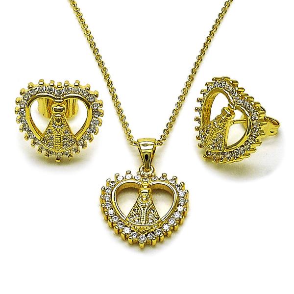 Juego de Arete y Dije de Adulto 10.156.0521 Oro Laminado, Diseño de Corazon y Guadalupe, Diseño de Corazon, con Zirconia Cubica Blanca y Micro PaveBlanca, Pulido, Dorado