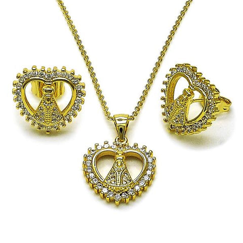 Juego de Arete y Dije de Adulto 10.156.0521 Oro Laminado, Diseño de Corazon y Guadalupe, Diseño de Corazon, con Zirconia Cubica Blanca y Micro PaveBlanca, Pulido, Dorado