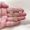 Juego de Arete y Dije de Adulto 10.156.0513 Oro Laminado, Diseño de Mariposa y Rolo, Diseño de Mariposa, con Micro Pave Blanca, Diamantado, Dorado