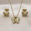Juego de Arete y Dije de Adulto 10.156.0513 Oro Laminado, Diseño de Mariposa y Rolo, Diseño de Mariposa, con Micro Pave Blanca, Diamantado, Dorado
