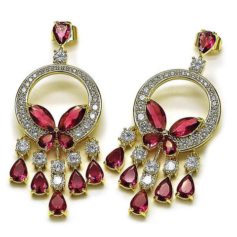 Arete Chandelier 02.436.0004.1 Oro Laminado, Diseño de Mariposa y Gota, Diseño de Mariposa, con Zirconia Cubica Rubi y Blanca, Pulido, Dorado