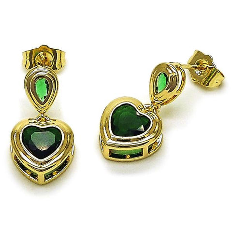 Arete Colgante 02.196.0236 Oro Laminado, Diseño de Corazon y Gota, Diseño de Corazon, con Zirconia Cubica Verde, Pulido, Dorado