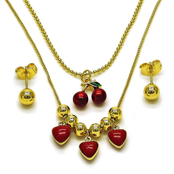 Collar y Arete 06.417.0019 Oro Laminado, Diseño de Cereza y Corazon, Diseño de Cereza, Esmaltado Rojo, Dorado