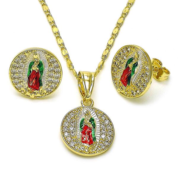 Juego de Arete y Dije de Adulto 10.411.0006 Oro Laminado, Diseño de Guadalupe, con Zirconia Cubica Blanca, Pulido, Tricolor