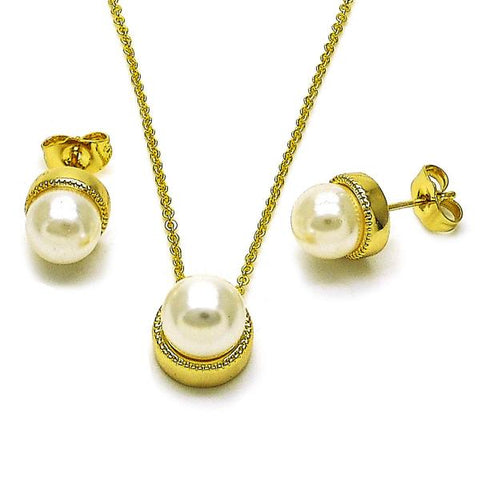 Juego de Arete y Dije de Adulto 10.156.0528 Oro Laminado, Diseño de Bola, con Madre Perla Marfil, Pulido, Dorado