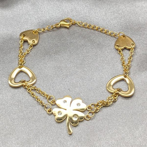 Pulsera Elegante 03.63.22995.08 Acero Inoxidable, Diseño de Trebol de Cuatro Hojas y Corazon, Diseño de Trebol de Cuatro Hojas, con Cristal Blanca, Pulido, Dorado
