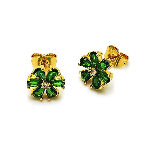 Arete Dormilona 02.344.0177.1 Oro Laminado, Diseño de Flor, con Zirconia Cubica Verde y Blanca, Pulido, Dorado