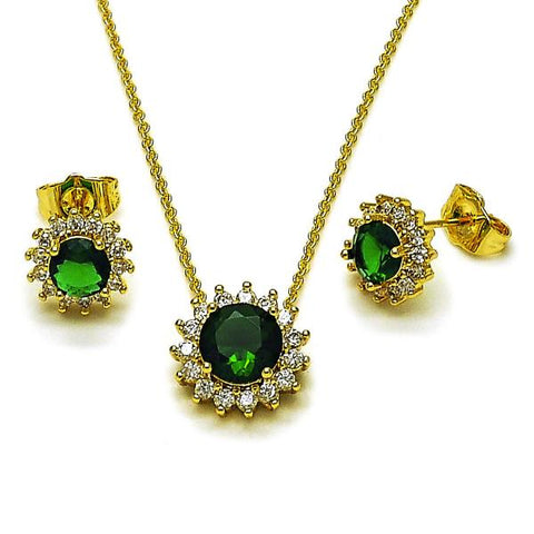 Juego de Arete y Dije de Adulto 10.156.0517 Oro Laminado, Diseño de Cluster, con Zirconia Cubica Verde y Blanca, Pulido, Dorado