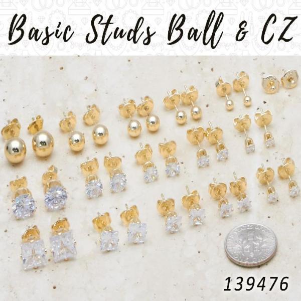 Kit Surtido de 50 Aretes de Botón Básicos con Bolas y Zirconia de Oro Laminado al por mayor — SKU 139476