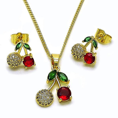 Juego de Arete y Dije de Adulto 10.283.0028 Oro Laminado, Diseño de Cereza, con Zirconia Cubica Granate y Verde, Pulido, Dorado