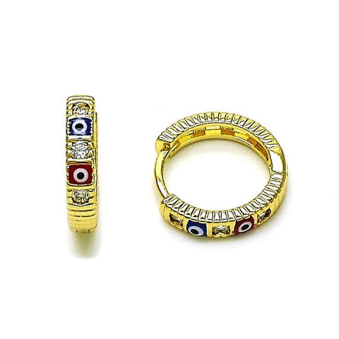 Argolla Huggie 02.213.0620.1.15 Oro Laminado, Diseño de Ojo Griego, con Zirconia Cubica Blanca, Esmaltado Multicolor, Dorado