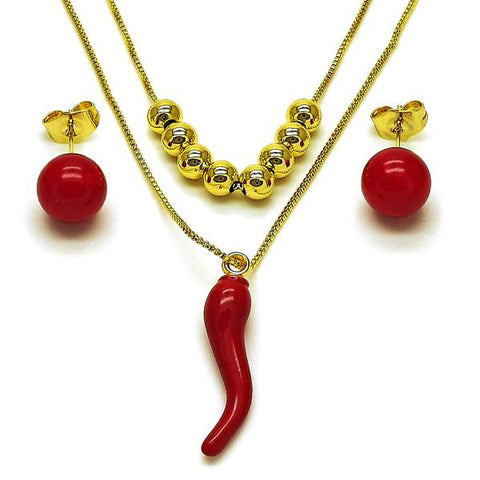Collar y Arete 06.417.0023 Oro Laminado, Diseño de Chile y Box, Diseño de Chile, Esmaltado Rojo, Dorado