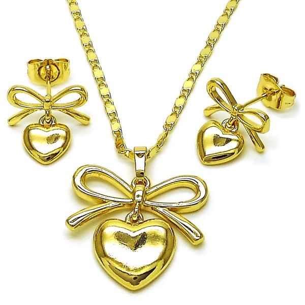 Juego de Arete y Dije de Adulto 10.196.0172 Oro Laminado, Diseño de Corazon y Arco, Diseño de Corazon, Pulido, Dorado