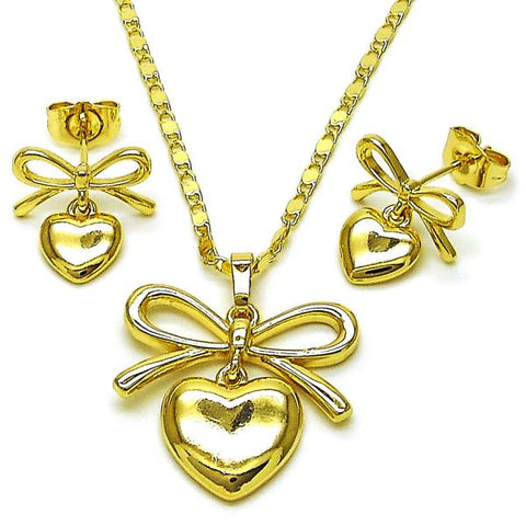 Juego de Arete y Dije de Adulto 10.196.0172 Oro Laminado, Diseño de Corazon y Arco, Diseño de Corazon, Pulido, Dorado
