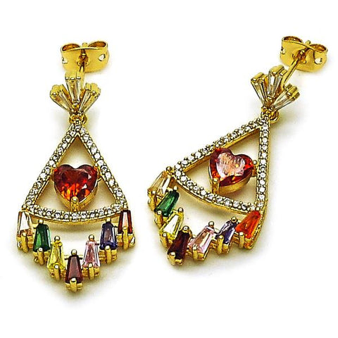Arete Largo 02.282.0078 Oro Laminado, Diseño de Corazon, con Zirconia Cubica Multicolor y Micro PaveBlanca, Pulido, Dorado