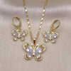 Juego de Arete y Dije de Adulto 10.196.0134.2 Oro Laminado, Diseño de Mariposa, con Zirconia Cubica Blanca, Pulido, Dorado