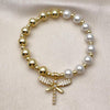 Pulsera Elegante 03.341.0253.07 Oro Laminado, Diseño de Libelula y Bead Expandible, Diseño de Libelula, con Perla Marfil y Zirconia CubicaBlanca, Pulido, Dorado