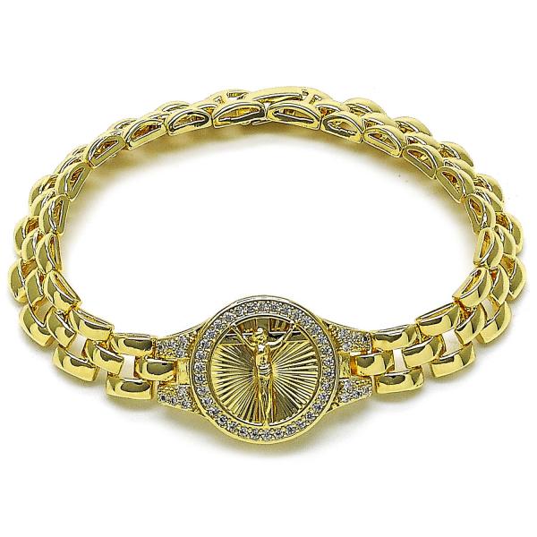 Pulsera Elegante 03.97.0002.08 Oro Laminado, Diseño de Jesus y Crucifijo, Diseño de Jesus, con Zirconia Cubica Blanca, Diamantado, Dorado