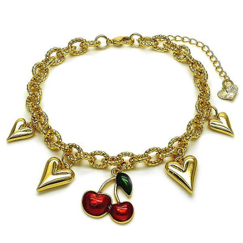 Pulsera de Dije 03.282.0005.07 Oro Laminado, Diseño de Cereza y Corazon, Diseño de Cereza, Esmaltado Rojo, Dorado