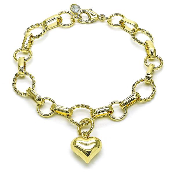 Pulsera Elegante 03.331.0294.08 Oro Laminado, Diseño de Rolo y Corazon, Diseño de Rolo, con Zirconia Cubica Blanca, Pulido, Dorado