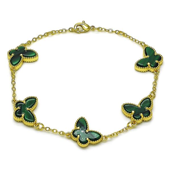 Pulsera Elegante 03.313.0042.3.08 Oro Laminado, Diseño de Mariposa y Rolo, Diseño de Mariposa, con Opal Verde, Pulido, Dorado