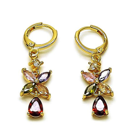 Arete Largo 02.283.0300 Oro Laminado, Diseño de Flor y Gota, Diseño de Flor, con Zirconia Cubica Multicolor, Pulido, Dorado