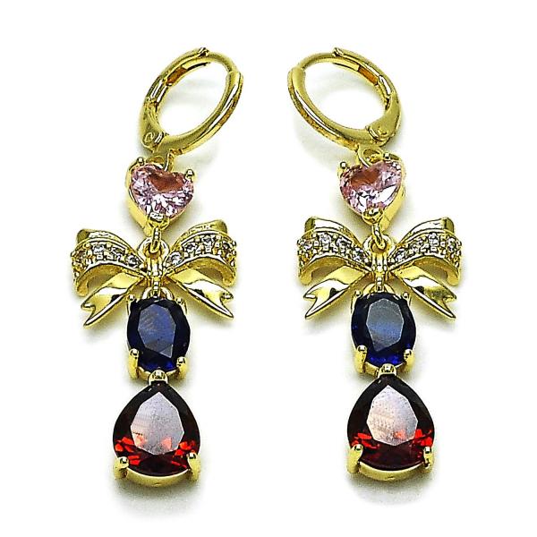 Arete Largo 02.196.0251 Oro Laminado, Diseño de Arco y Gota, Diseño de Arco, con Zirconia Cubica Multicolor y Blanca, Pulido, Dorado