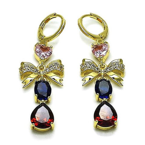 Arete Largo 02.196.0251 Oro Laminado, Diseño de Arco y Gota, Diseño de Arco, con Zirconia Cubica Multicolor y Blanca, Pulido, Dorado