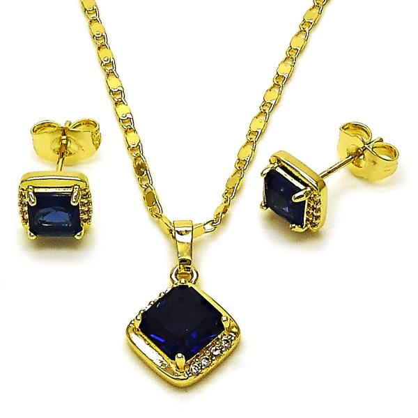 Juego de Arete y Dije de Adulto 10.196.0178 Oro Laminado, Diseño de Cluster, con Zirconia Cubica Zafiro Azul y Micro PaveBlanca, Pulido, Dorado
