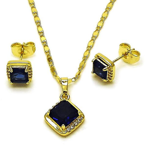 Juego de Arete y Dije de Adulto 10.196.0178 Oro Laminado, Diseño de Cluster, con Zirconia Cubica Zafiro Azul y Micro PaveBlanca, Pulido, Dorado