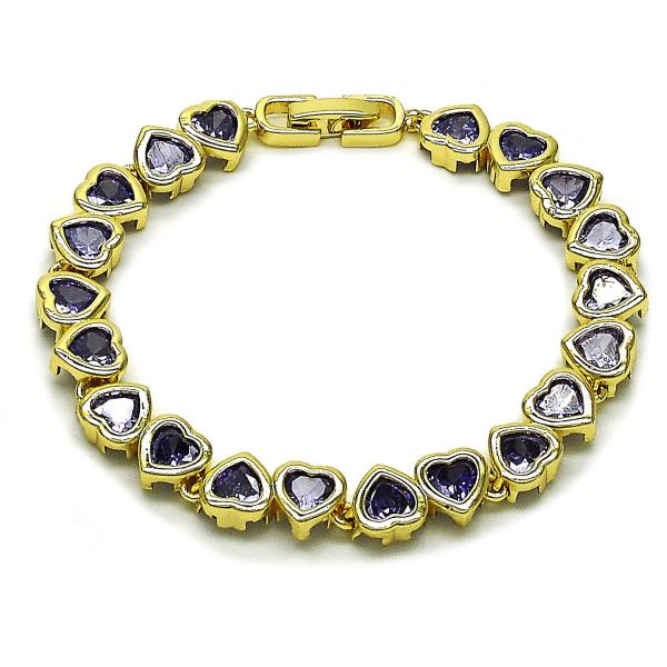 Pulsera Tennis 03.284.0058.3.07 Oro Laminado, Diseño de Corazon, con Zirconia Cubica Amatista, Pulido, Dorado