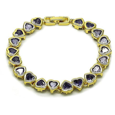 Pulsera Tennis 03.284.0058.3.07 Oro Laminado, Diseño de Corazon, con Zirconia Cubica Amatista, Pulido, Dorado