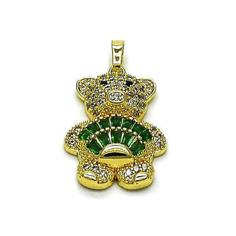 Dije Elegante 05.284.0020.3 Oro Laminado, Diseño de Osito y Baguette, Diseño de Osito, con Zirconia Cubica Verde y Micro PaveBlanca, Pulido, Dorado