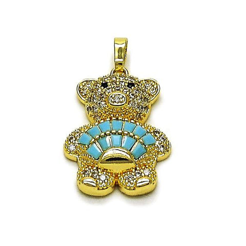 Dije Elegante 05.284.0020.2 Oro Laminado, Diseño de Osito y Baguette, Diseño de Osito, con Zirconia Cubica Turquoise y Micro PaveBlanca, Pulido, Dorado