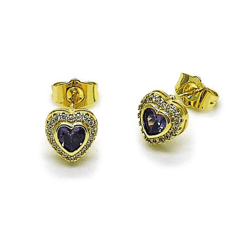Arete Dormilona 02.196.0240 Oro Laminado, Diseño de Corazon y Cluster, Diseño de Corazon, con Zirconia Cubica Amatista y Micro PaveBlanca, Pulido, Dorado