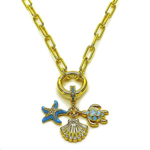 Gargantilla Elegante 04.341.0244.20 Oro Laminado, Diseño de Concha y Estrella, Diseño de Concha, con Zirconia Cubica Blanca y Micro PaveTurquoise, Esmaltado Turquesa, Dorado