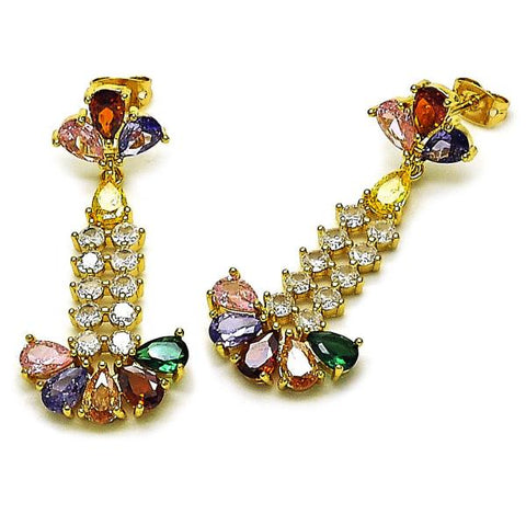 Arete Largo 02.282.0072 Oro Laminado, Diseño de Gota, con Zirconia Cubica Multicolor y Blanca, Pulido, Dorado