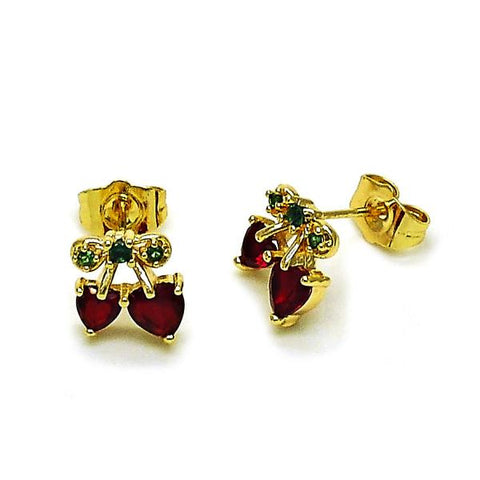 Arete Dormilona 02.283.0280 Oro Laminado, Diseño de Cereza y Corazon, Diseño de Cereza, con Zirconia Cubica Granate y Verde, Pulido, Dorado