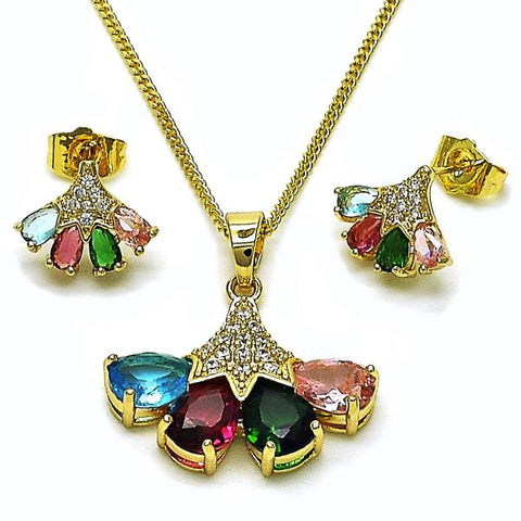 Juego de Arete y Dije de Adulto 10.283.0029 Oro Laminado, Diseño de Gota, con Zirconia Cubica Multicolor y Blanca, Pulido, Dorado