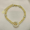 Pulsera Elegante 03.403.0001.07 Oro Laminado, Diseño de Miami Cubana y Candado, Diseño de Miami Cubana, con Micro Pave Blanca, Pulido, Dorado