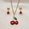 Juego de Arete y Dije de Adulto 10.417.0028 Oro Laminado, Diseño de Cereza y Paperclip, Diseño de Cereza, con Zirconia Cubica Granate, Esmaltado Rojo, Dorado