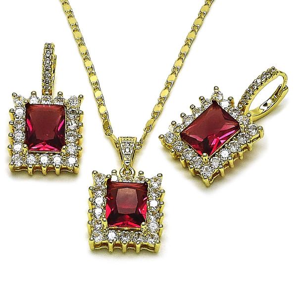 Juego de Arete y Dije de Adulto 10.196.0193.1 Oro Laminado, Diseño de Cluster, con Zirconia Cubica Rubi y Blanca, Pulido, Dorado
