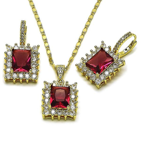 Juego de Arete y Dije de Adulto 10.196.0193.1 Oro Laminado, Diseño de Cluster, con Zirconia Cubica Rubi y Blanca, Pulido, Dorado