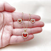 Juego de Arete y Dije de Adulto 10.156.0539.1 Oro Laminado, Diseño de Corazon y Cluster, Diseño de Corazon, con Zirconia Cubica Granate y Blanca, Pulido, Dorado